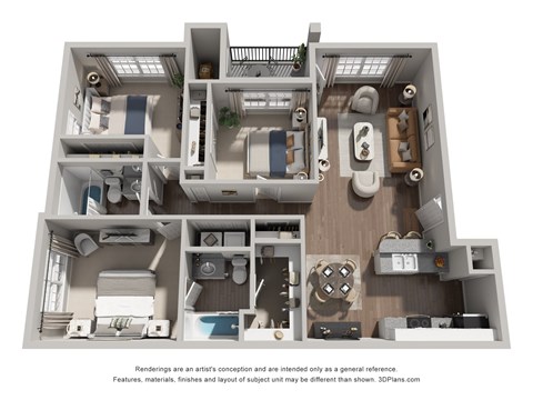 Floor plan for 3 beds, 2 baths, 1202 sqft